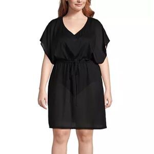LAND’S END Sheer Oversized Short Gathered Waist Swim Cover Up Dress Black 1X